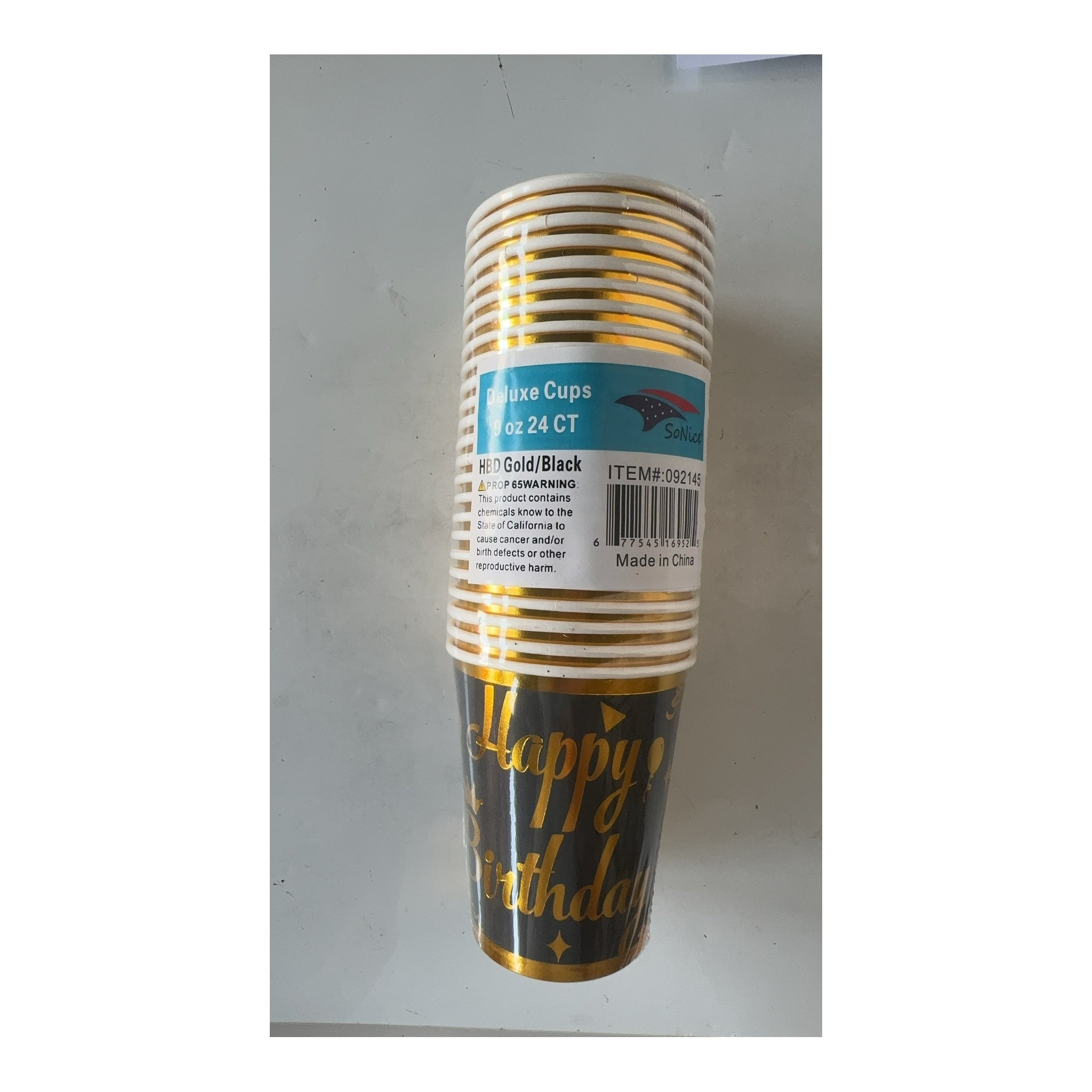 9Oz Cups 24 ct Happy Birthday Black/Gold 24Pk/Cs